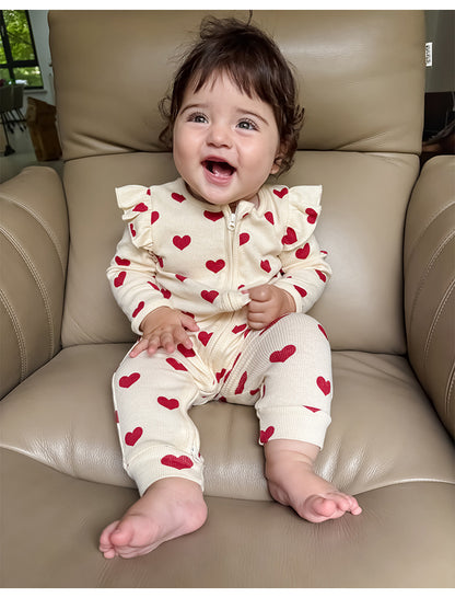 -ハート/リボンプリントジップアップ長袖ジャンプスーツ【mh0010734】 - mamahalo shop - 長袖ロンパース -  べビー服 - 子供服 - 男の子 - 女の子