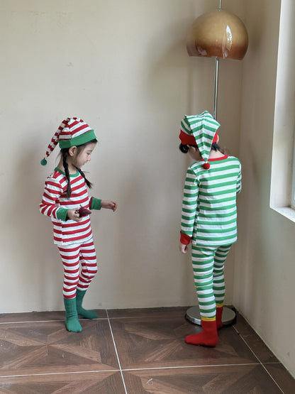 Kids' striped long-sleeve T-shirt, easy-fit long pants, and pom-pom motif cap: 3-piece set【mh0008100】