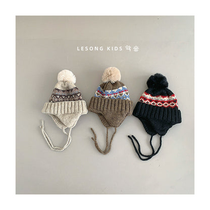 キッズ帽子 ニット トライバル ぽんぽん 耳当て付き ニットキャップ【mh0011839】