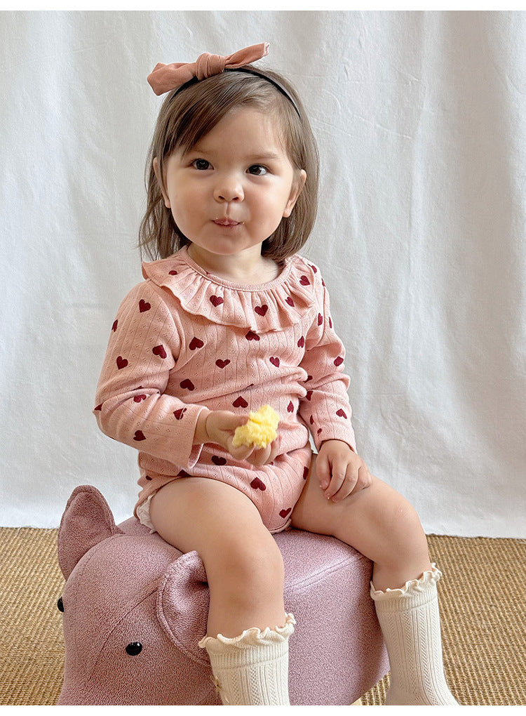 -ハート/リボンプリントラッフル襟長袖ロンパース【mh0010735】 - mamahalo shop - 長袖ロンパース -  べビー服 - 子供服 - 男の子 - 女の子