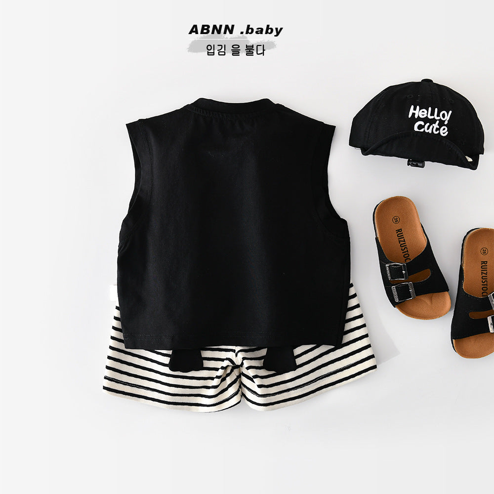 Penguin Applique Sleeveless Set ボーダー ノースリーブTシャツ セット【mh0012846】