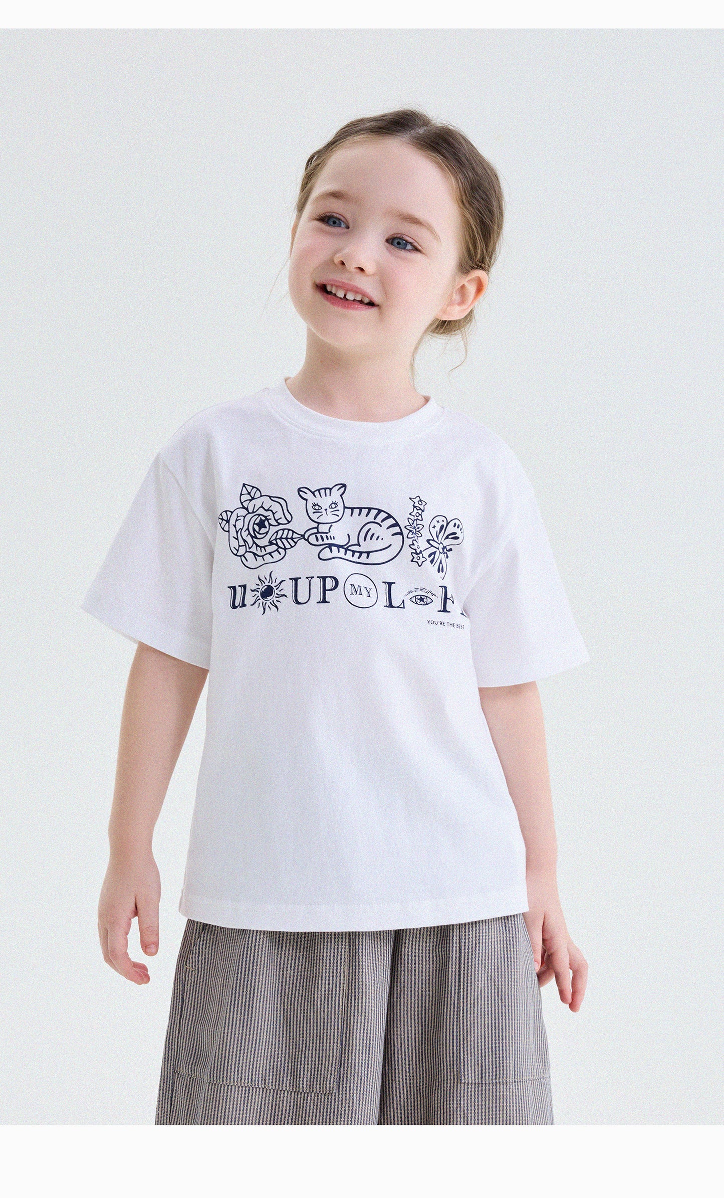 キッズ クルーネック キャットモチーフ レトロプリント 半袖Tシャツ【mh0013779】