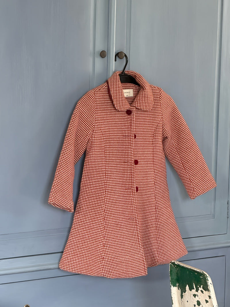 A-line retro coat with check pattern, round collar, quilted fur ribbon collar [mh0011889]