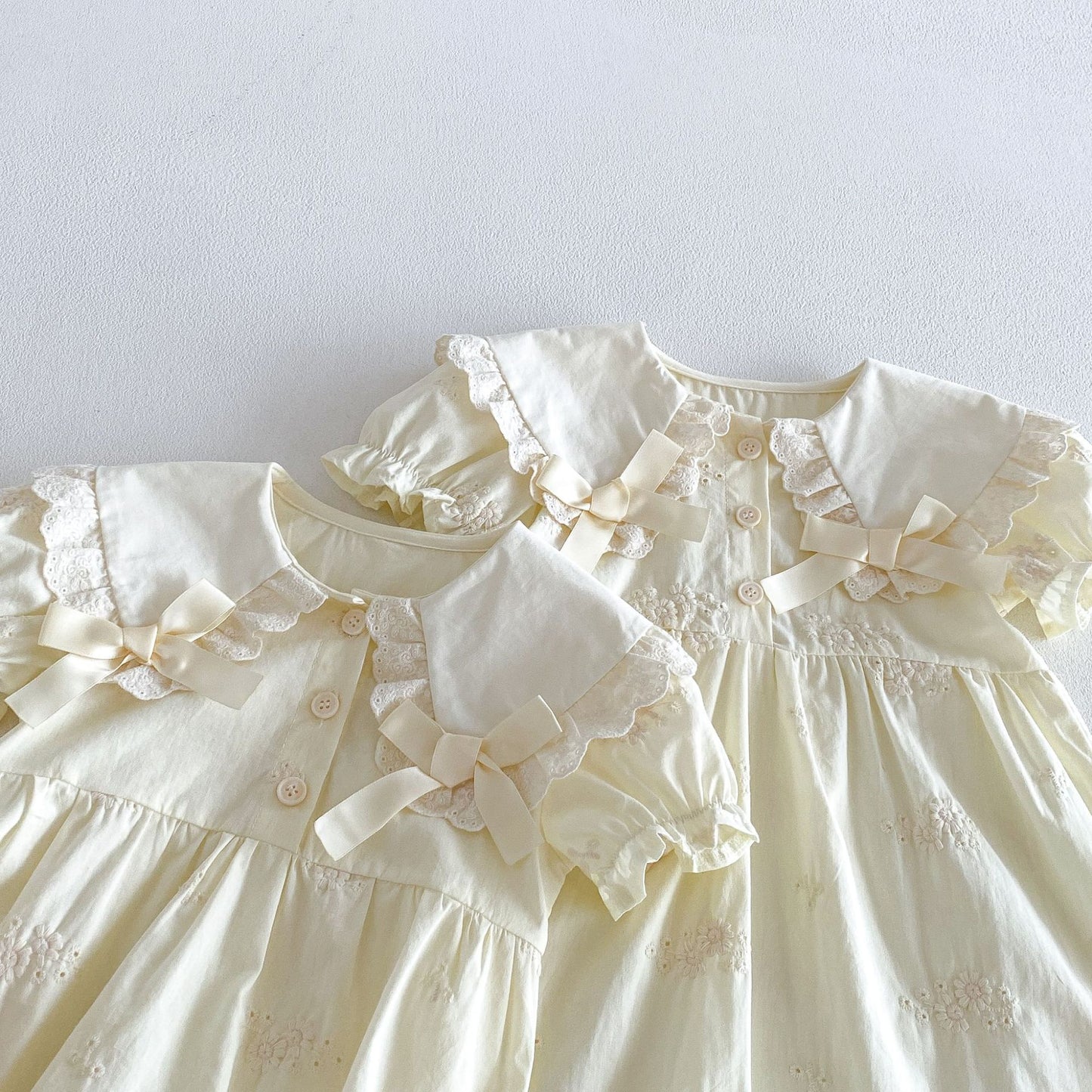 Baby Kids Lace Collar Ribbon Embroidery Puff Sleeve Short Sleeve Romper Dress [mh0013846]