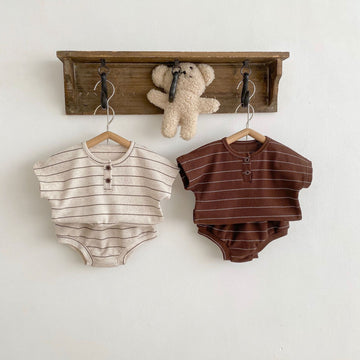 Baby Border Henley Neck Short Sleeve T-Shirt & Bloomer Set [mh0001942]