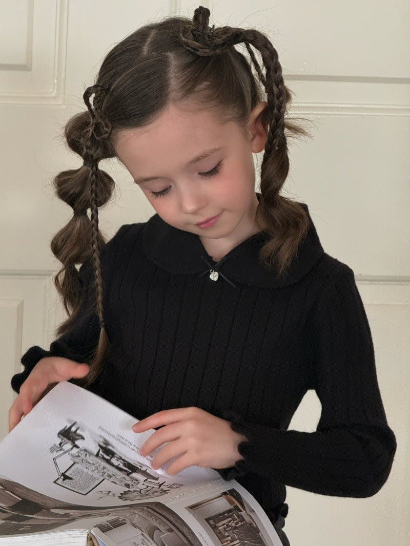 Kids' Ribbed Knit Round Neck Long-Sleeve Pullover with Frills