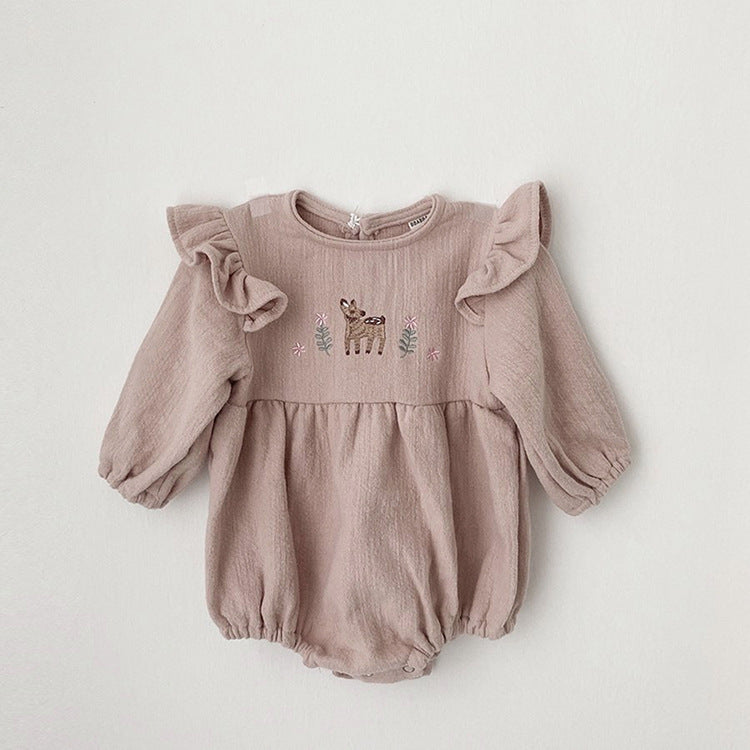 Fawn Embroidered Ruffle Bodysuit 小鹿 刺繍 フリル 長袖ロンパース【mh0012696】