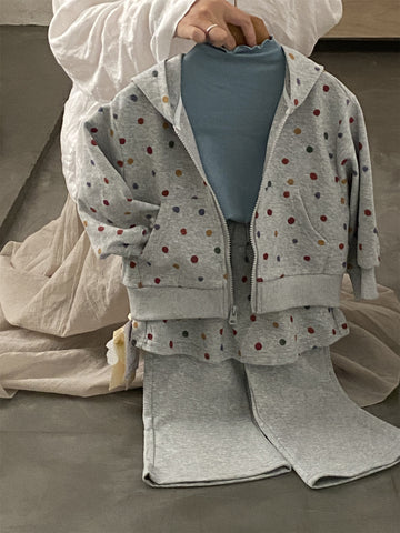 キッズ ドット柄 フード付き フルジップジャケット スカートドッキング スウェットパンツ セット【mh0014210】