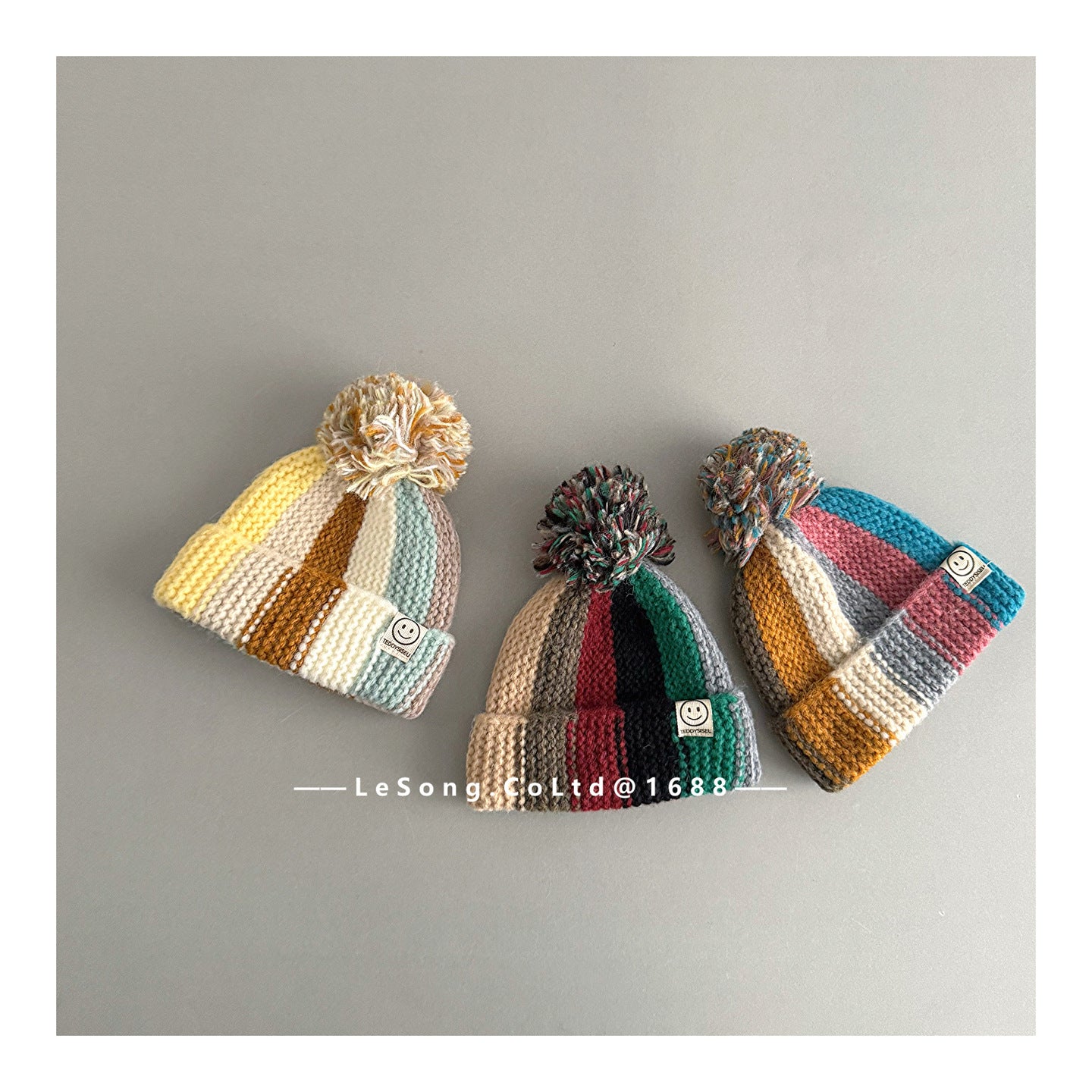 キッズ帽子 カラフルストライプ ニットキャップ ぽんぽん ビーニー【mh0011847】