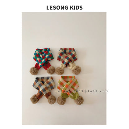 キッズマフラー カラフル ブロックチェック ぽんぽん ネックウォーマー【mh0011843】