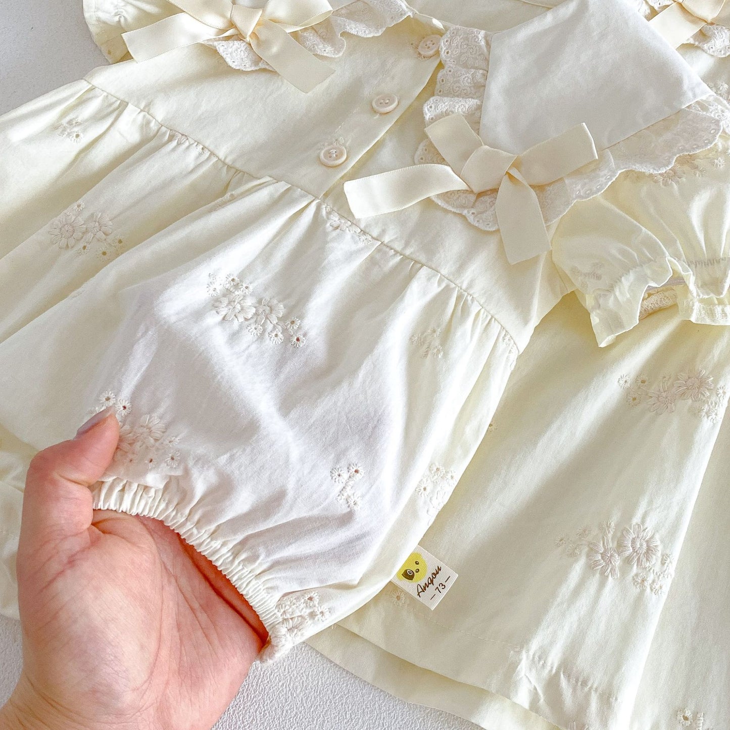Baby Kids Lace Collar Ribbon Embroidery Puff Sleeve Short Sleeve Romper Dress [mh0013846]