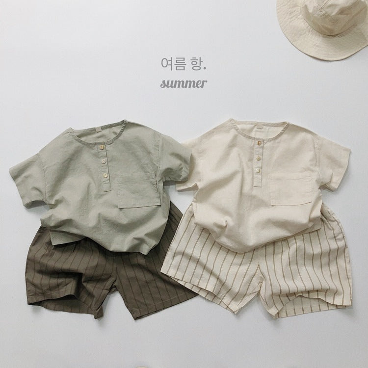 キッズ コットンリネン ルーズ ヘンリーネック 半袖 シャツ【mh0001970】