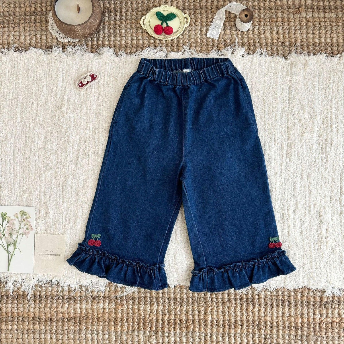 キッズ フラワー チェリー 刺繍 フリル ニット ベスト 長袖 ブラウス ワイド デニムパンツ【mh0014607】