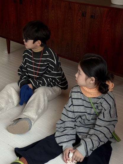 長袖スウェットシャツ キッズ ボーダー柄 裏起毛 厚手 クルーネック ルーズフィット【mh0011671】