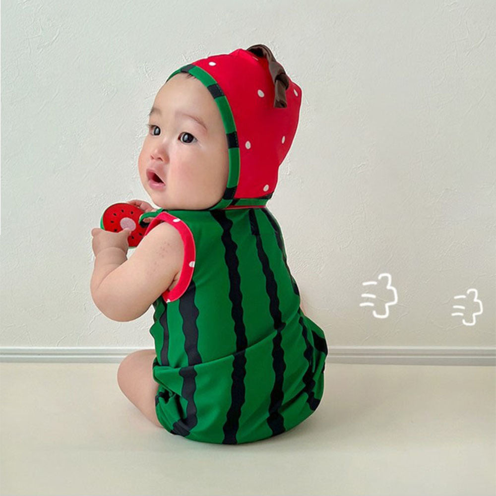 Watermelon Strawberry Fruit Motif One-Piece Swimsuit With Hat スイカ いちご ベビー ワンピース水着【mh0013377】