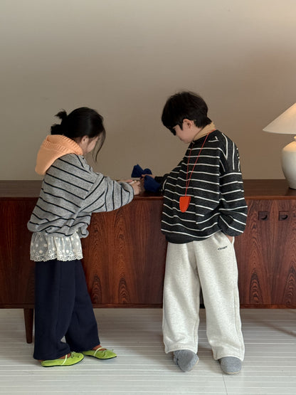 長袖スウェットシャツ キッズ ボーダー柄 裏起毛 厚手 クルーネック ルーズフィット【mh0011671】