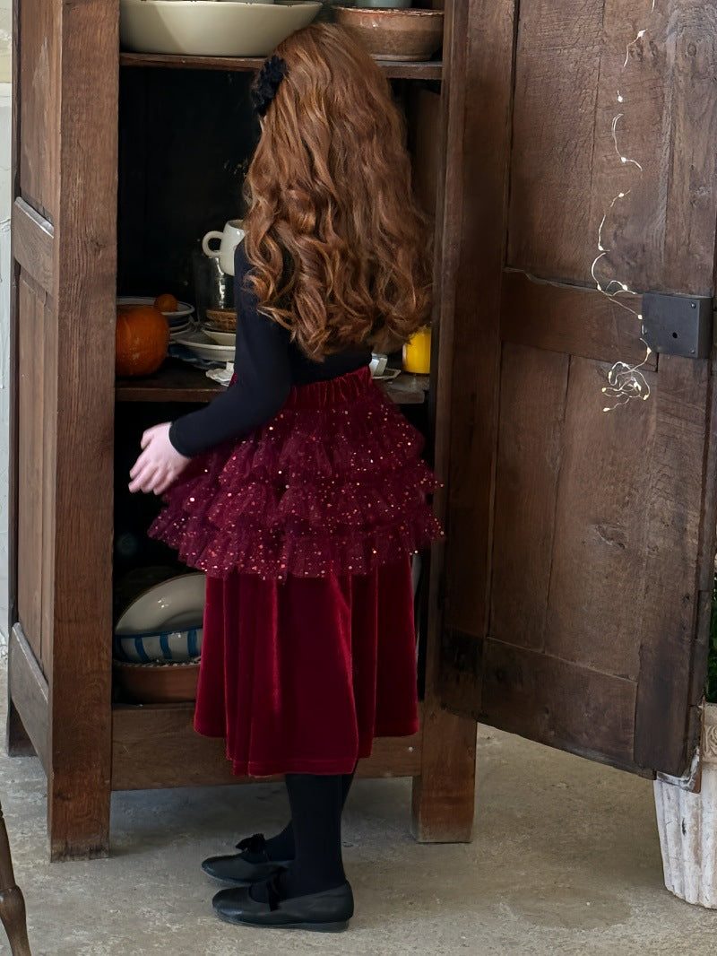 ハイネック長袖Tシャツ/ベルベッドメッシュドッキングスカート【mh0011888】