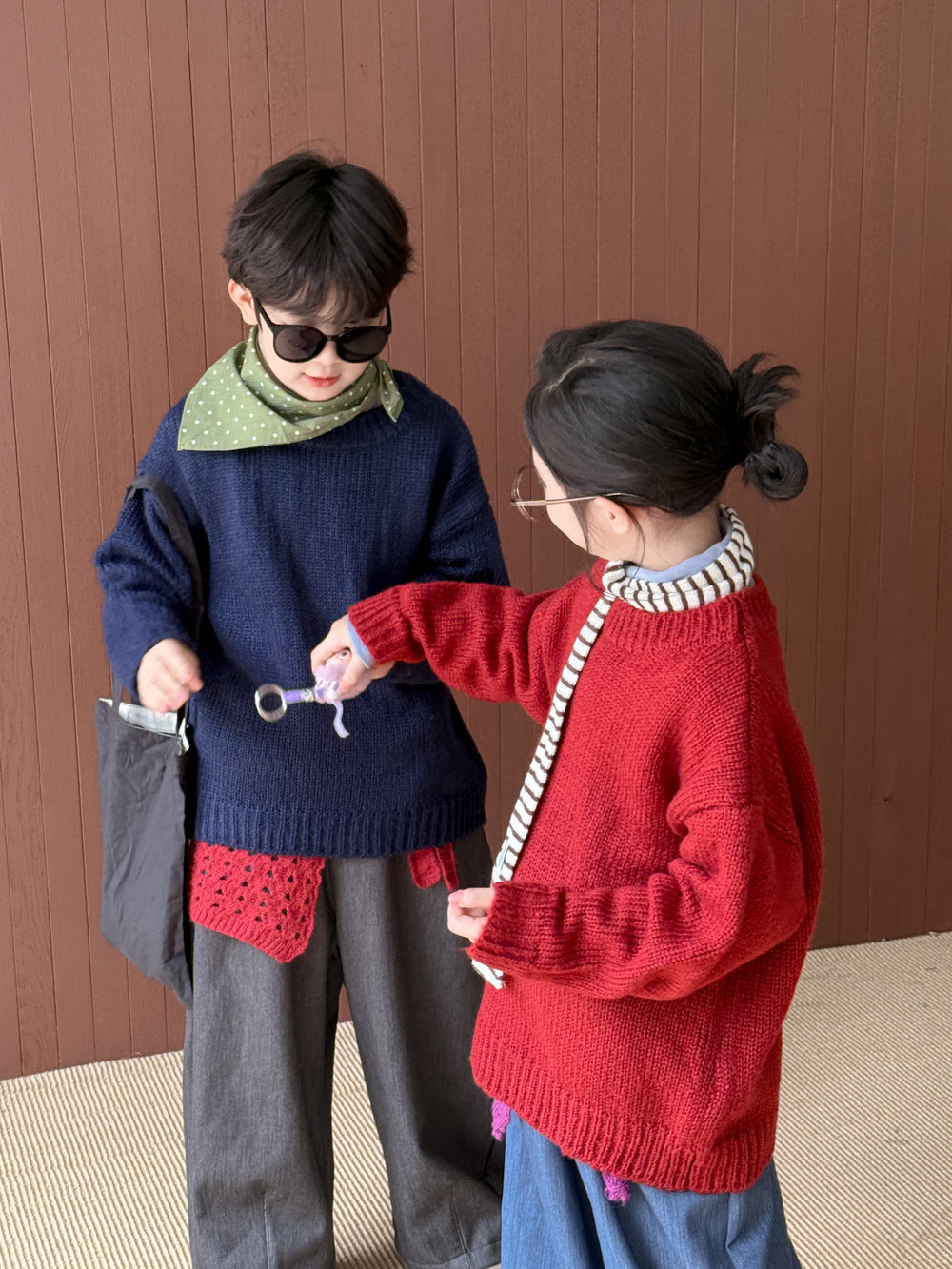 ニットセーター キッズ 裏起毛 厚手 クルーネック 無地 ルーズフィット プルオーバー【mh0011674】