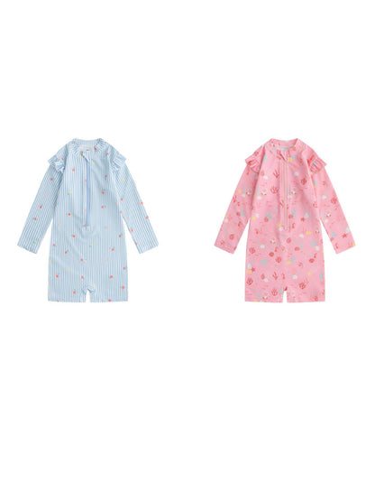 長袖スイムスーツ（UPF50+）2色セット、青ストライプとピンク花柄、前開き