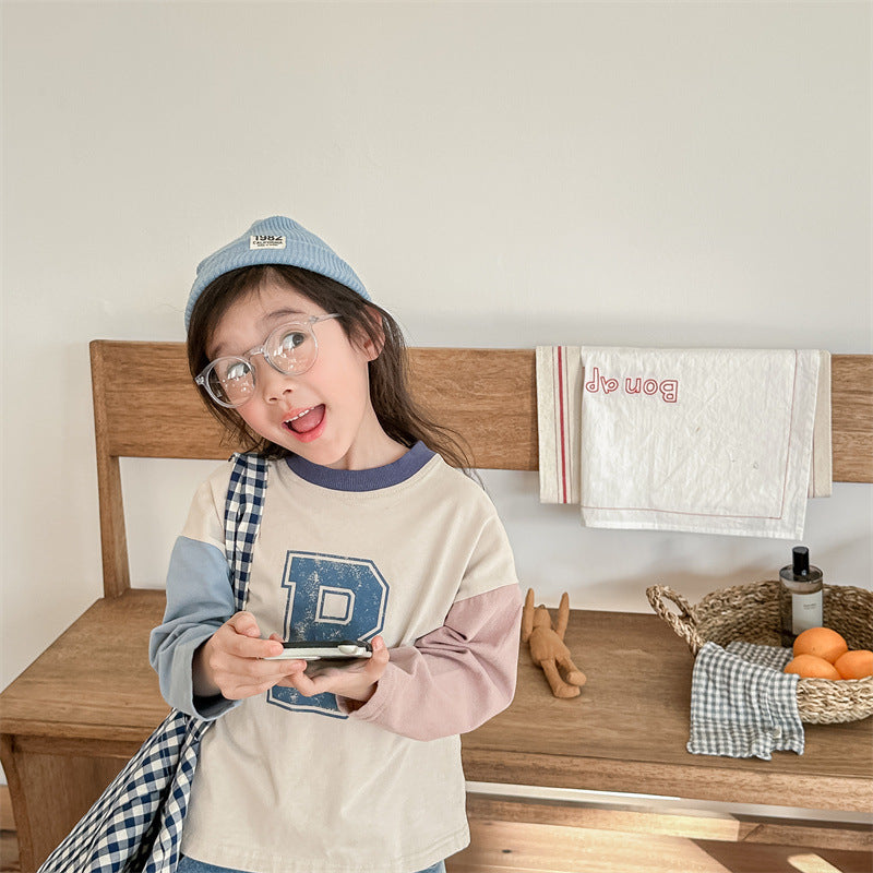 Kids Tops Long Sleeve T-Shirt Patchwork Letter Logo Print 2 Colors