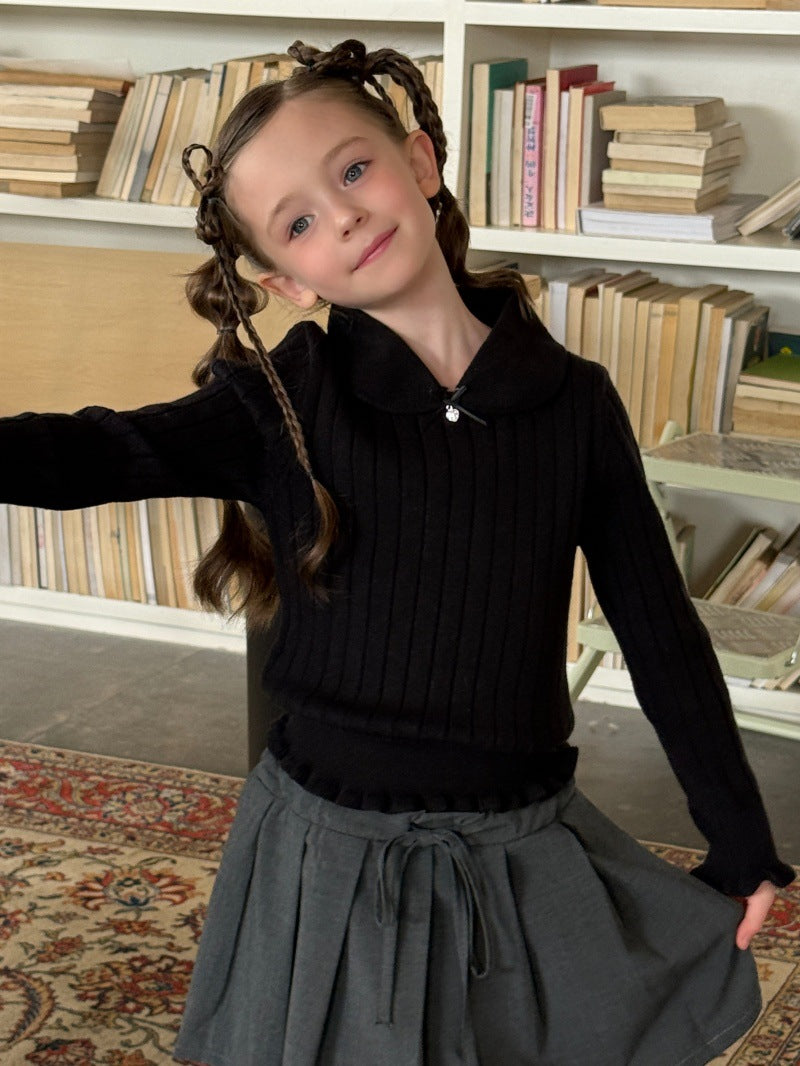Kids' Ribbed Knit Round Neck Long-Sleeve Pullover with Frills