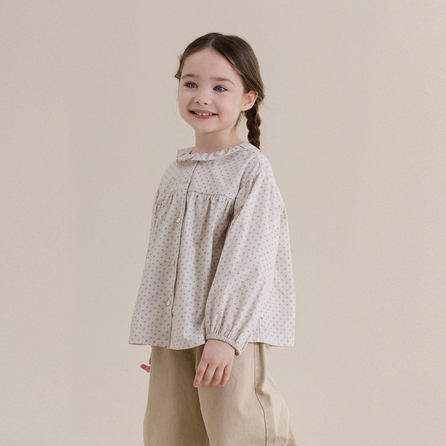 キッズ ジュニア 花柄 レース フリルカラー フロントボタン 長袖ブラウス【mh0013989】