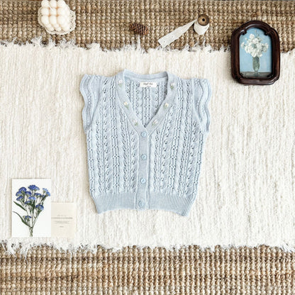 キッズ フラワー 透かし編み フリル 刺繍 ニット ベスト 長袖 ブラウス【mh0014609】