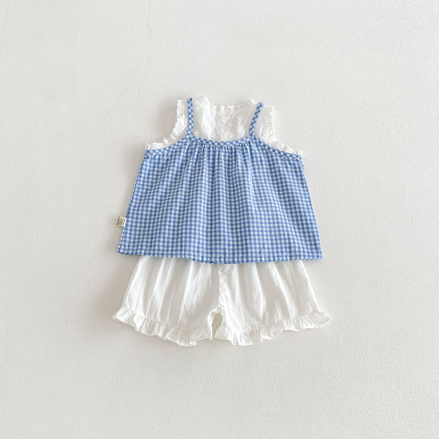 Spaghetti Strap Plaid Top Lace Shorts Set ラッフル ノースリーブチュニック ショートパンツ【mh0013421】
