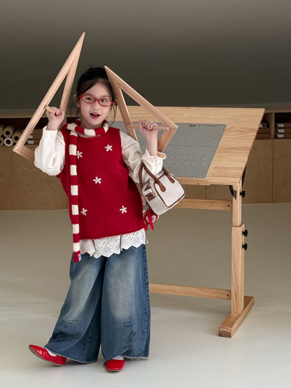 -花柄刺繍ニットベスト キッズ コットンベスト/裾レース長袖Tシャツ ノースリーブトップス【mh0010953】 - mamahalo shop - ベスト -  べビー服 - 子供服 - 男の子 - 女の子