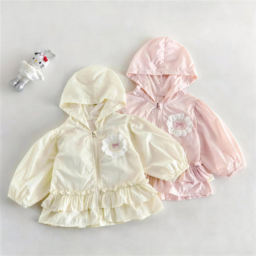 Kids Flower Motif Ruffle Hem Lightweight Hooded Zipper Long Sleeve Cardigan