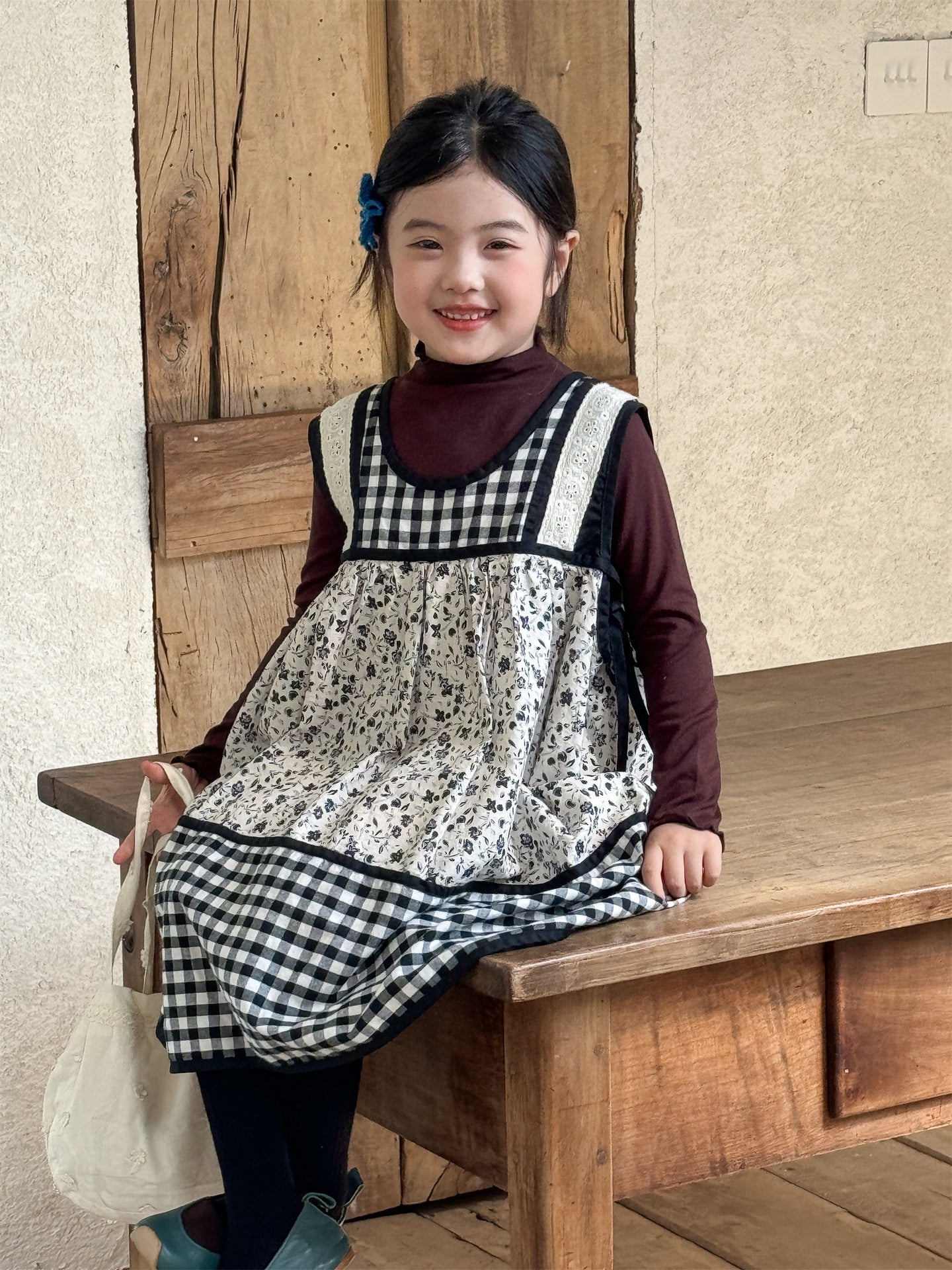 -チェック柄小花プリントノースリーブワンピース レイヤードワンピース【mh0010991】 - mamahalo shop - 長袖セットアップ -  べビー服 - 子供服 - 男の子 - 女の子