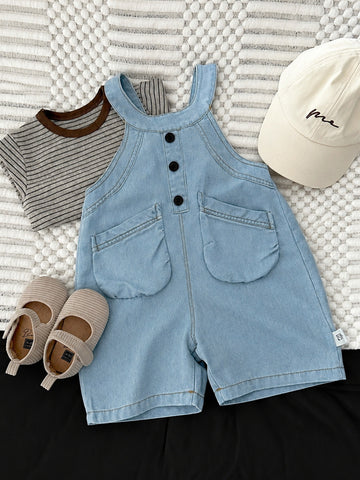 Baby Kids Cotton Border Denim Button Pocket Long Sleeve T-shirt and Overalls Set [mh0013993]