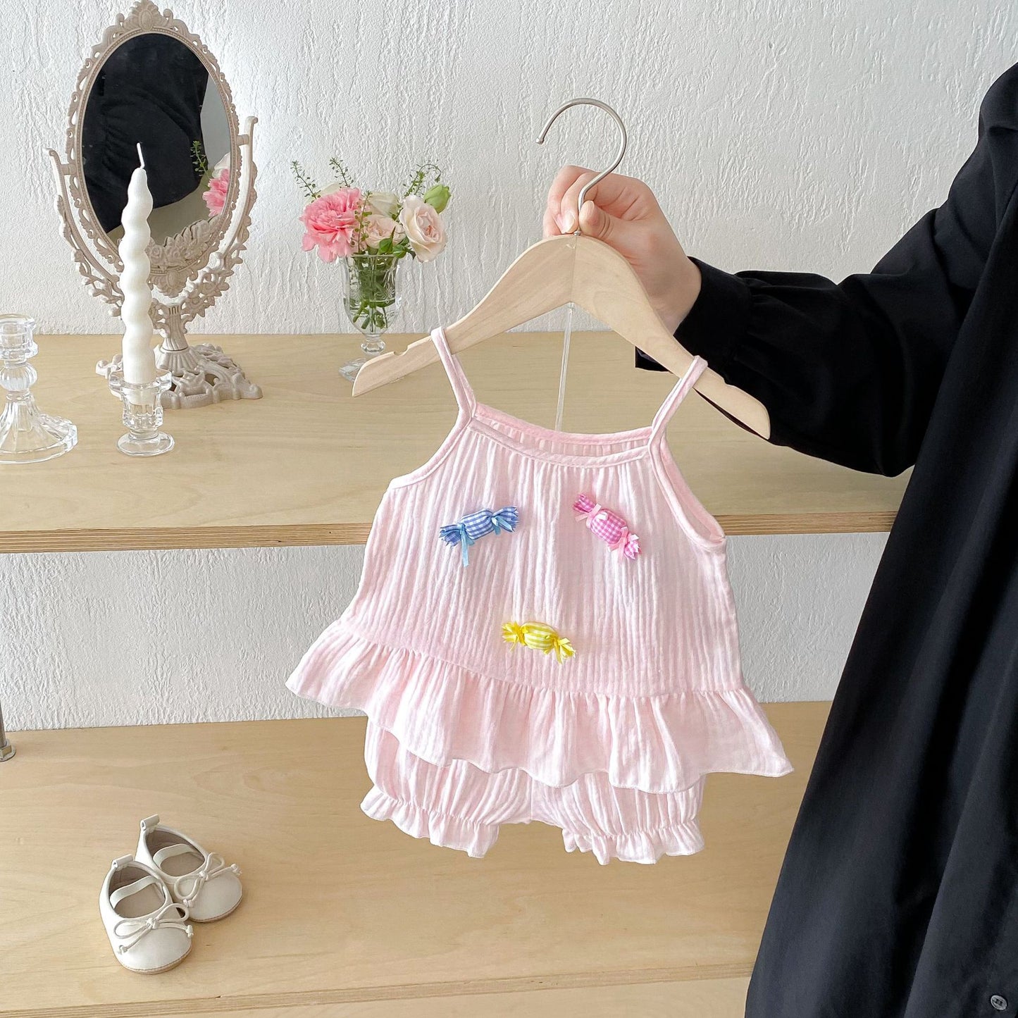 Candy Applique Gauze Frill Flared Set キャンディ キャミソール ショートパンツ セット【mh0013438】