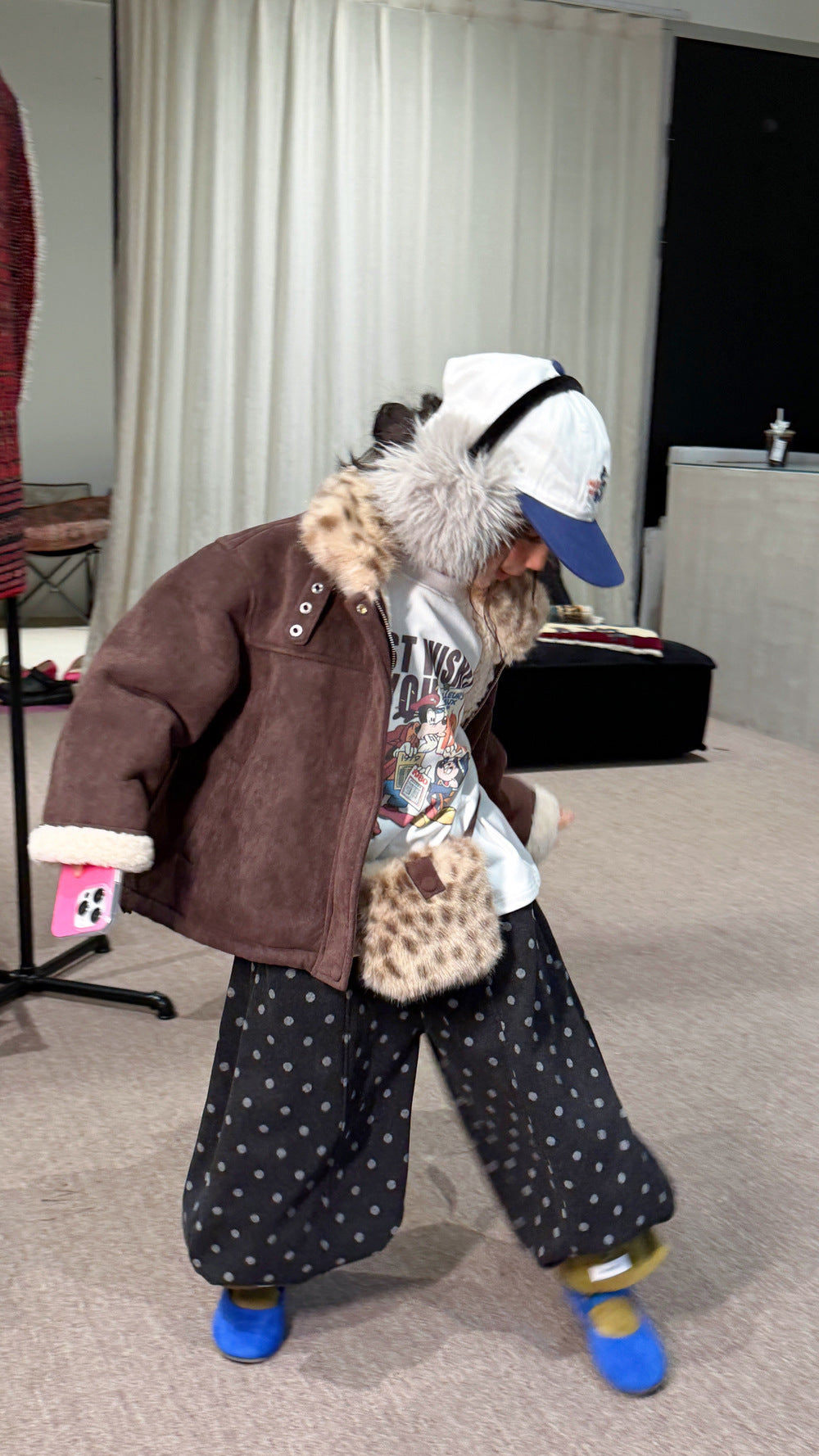 Chaqueta de antelina con cuello de pelo de leopardo y pantalones largos de lunares para niños y jóvenes 【mh0014693】