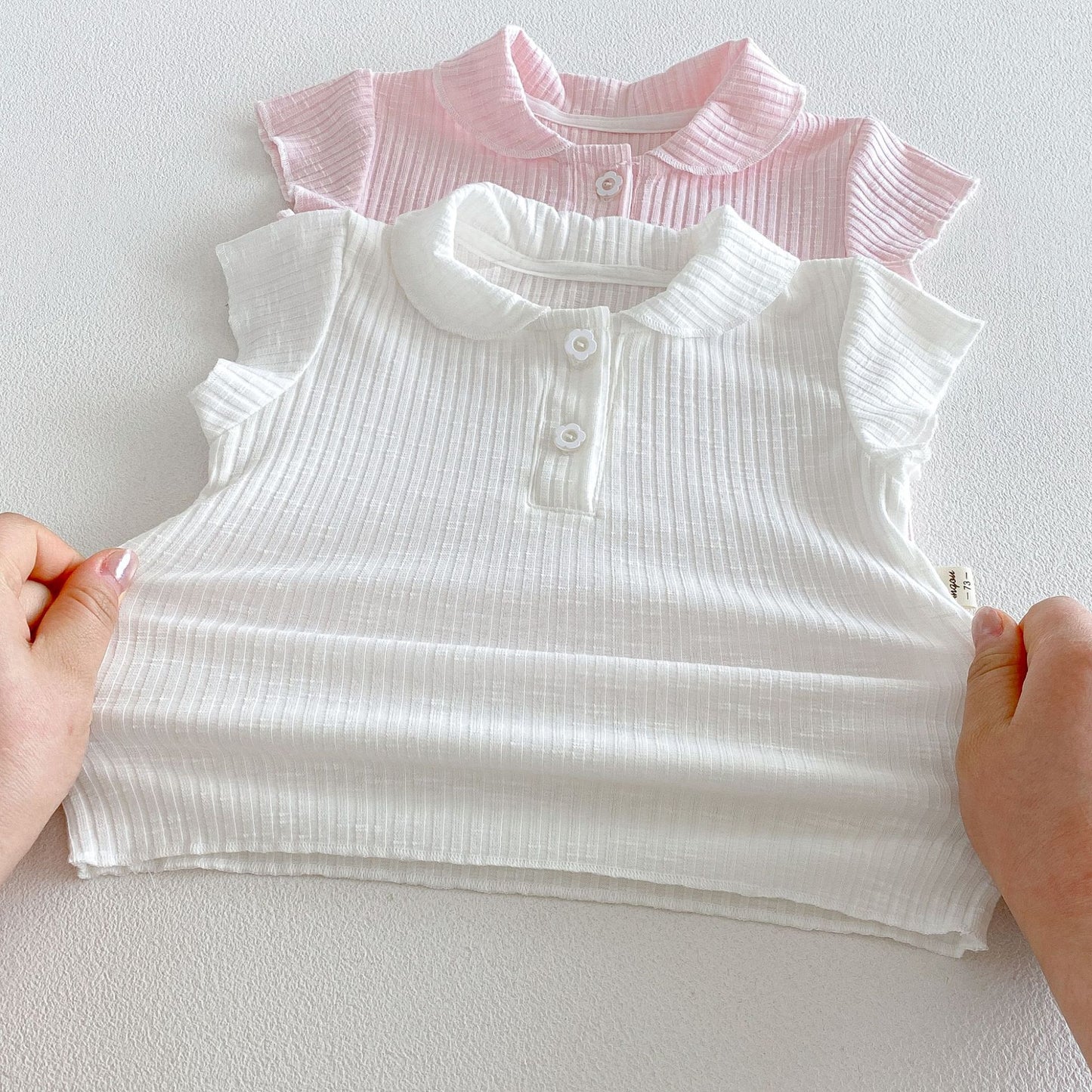 Ribbed Lapel Collar Puff Sleeve Polo Top メロウ 半袖ポロシャツ【mh0013431】