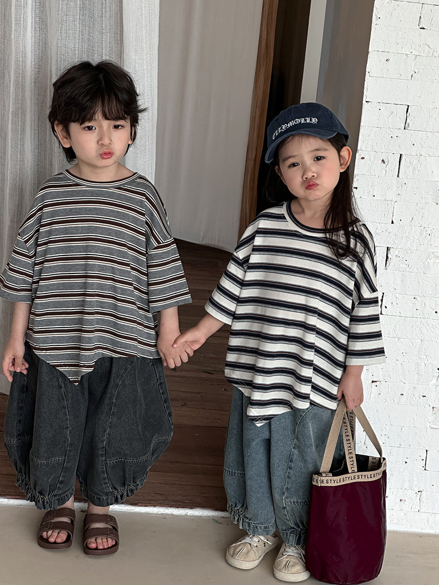 Striped Asymmetrical Hem Cotton Tops ボーダー 半袖Tシャツ【mh0013465】