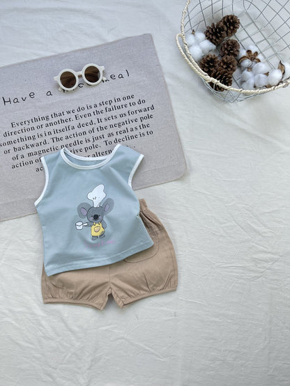 Conjunto de camiseta sin mangas y pantalones cortos con gráfico de Koala Chef | Set de camiseta sin mangas y pantalones cortos de animales【mh0012924】