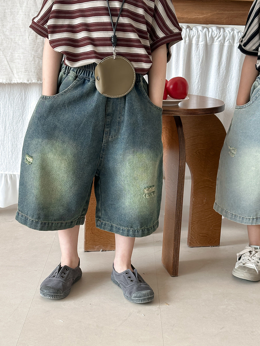 Vintage Distressed Wide Denim Capris ヴィンテージ ハーフデニムパンツ【mh0013462】