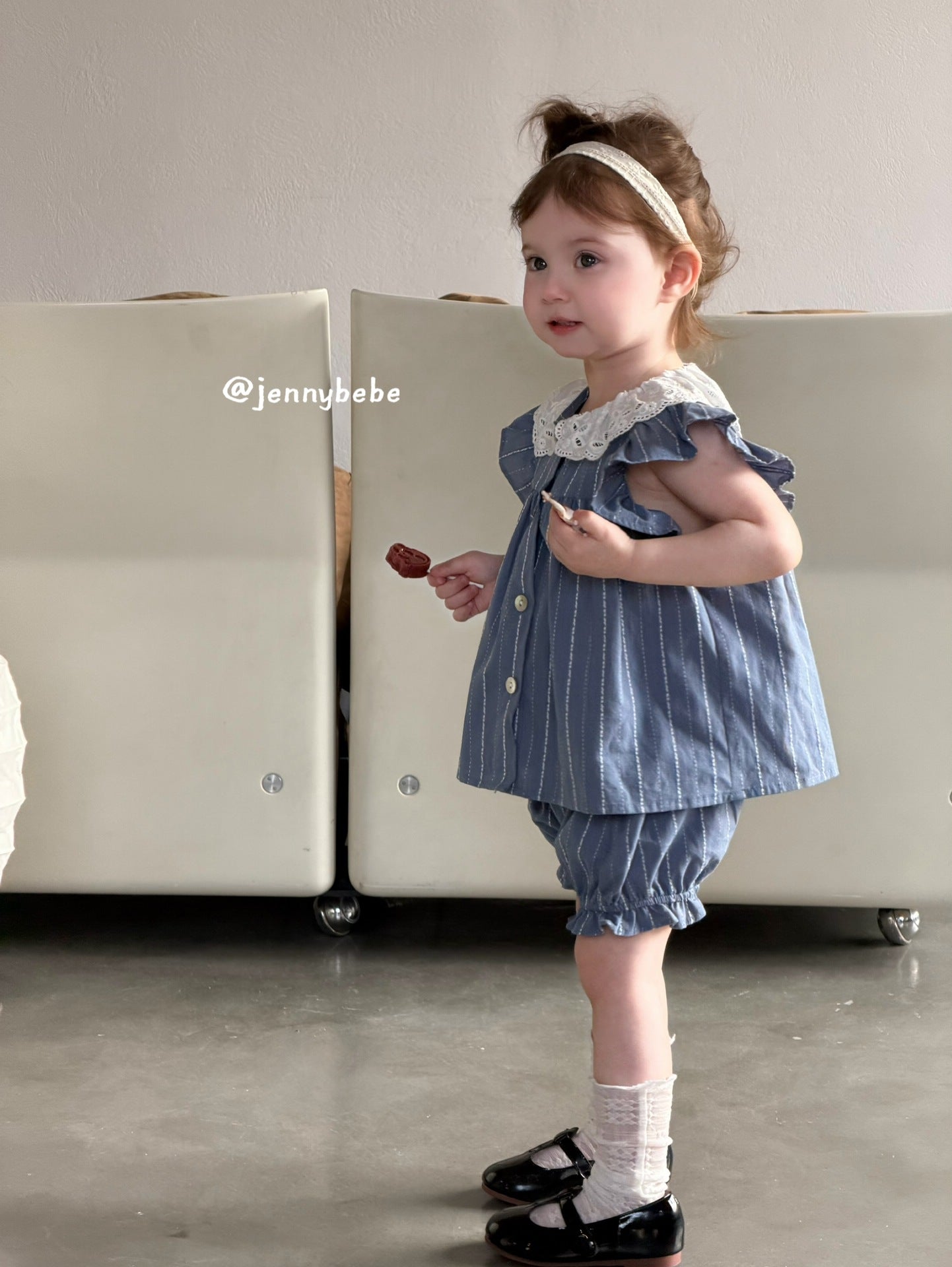 Lace Collar Stripe Cotton Set