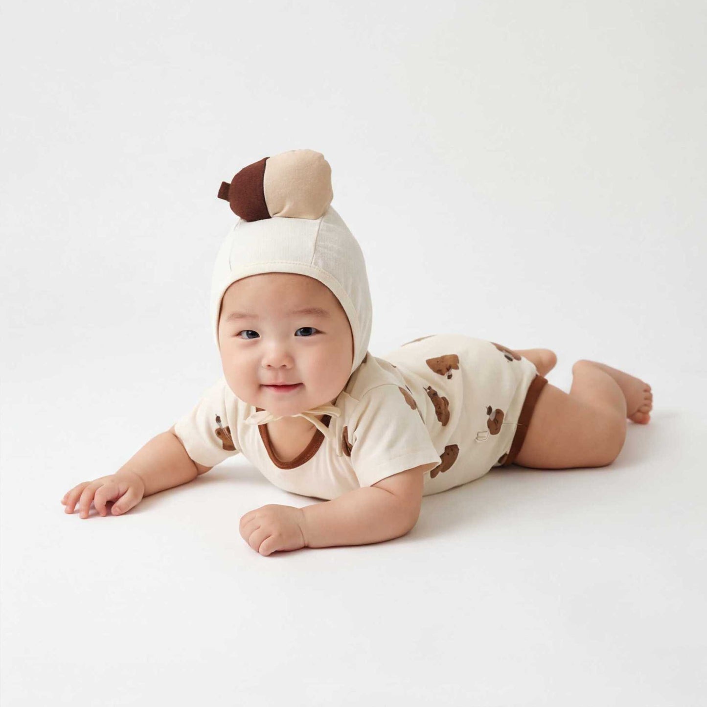 Short Sleeved Squirrel Print Jumpsuit With Chestnut Hat リスプリント 半袖ロンパース【mh0013360】
