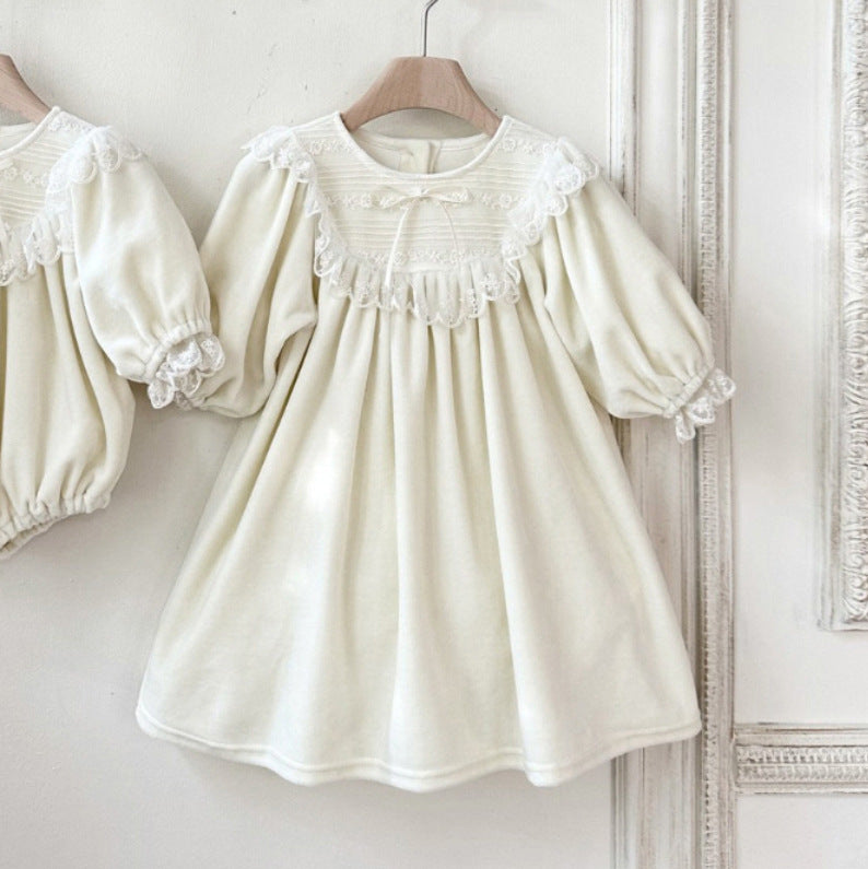 長袖ワンピース ベロア レースリボン パフスリーブ ドレス フォーマル【mh0011635】