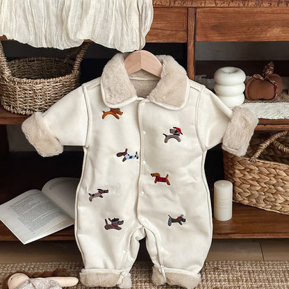 アウタージャンプスーツ 犬刺繍 ボア襟 フェイクムートン カバーオール【mh0011694】