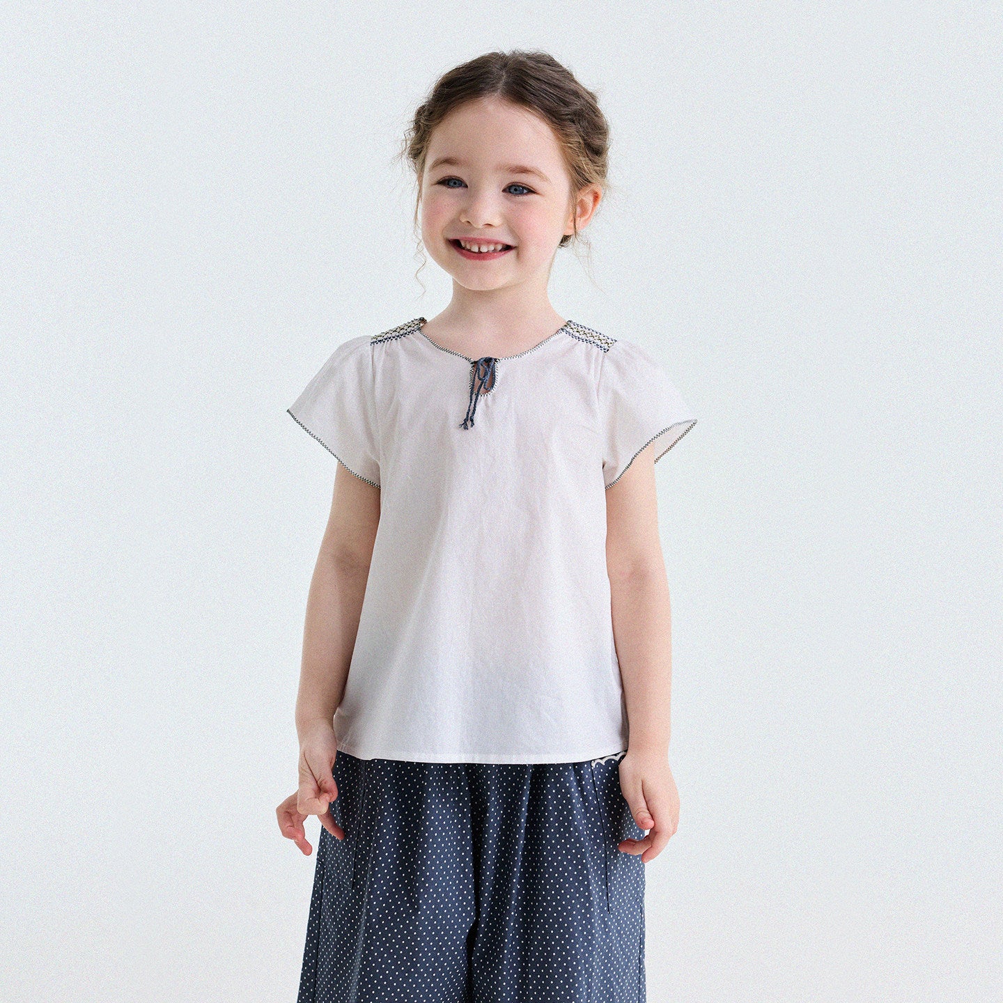 Embroidered Blouse and Polka Dot Pants スカラップ ドット柄 ブラウス ロングパンツ【mh0013194】