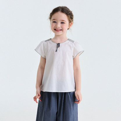Embroidered Blouse and Polka Dot Pants スカラップ ドット柄 ブラウス ロングパンツ【mh0013194】
