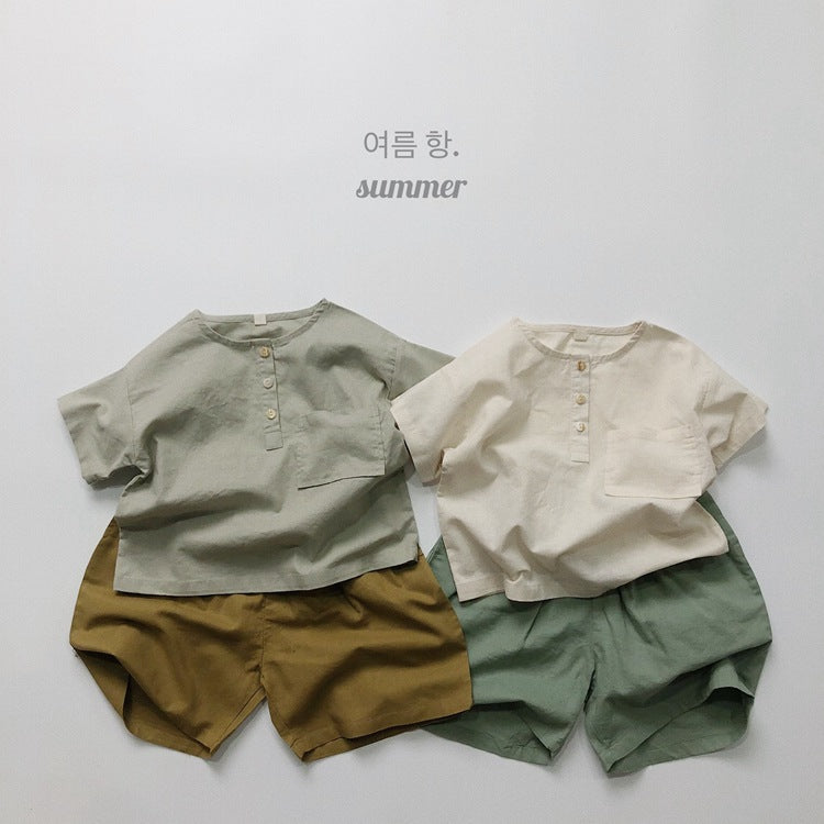 キッズ コットンリネン ルーズ ヘンリーネック 半袖 シャツ【mh0001970】