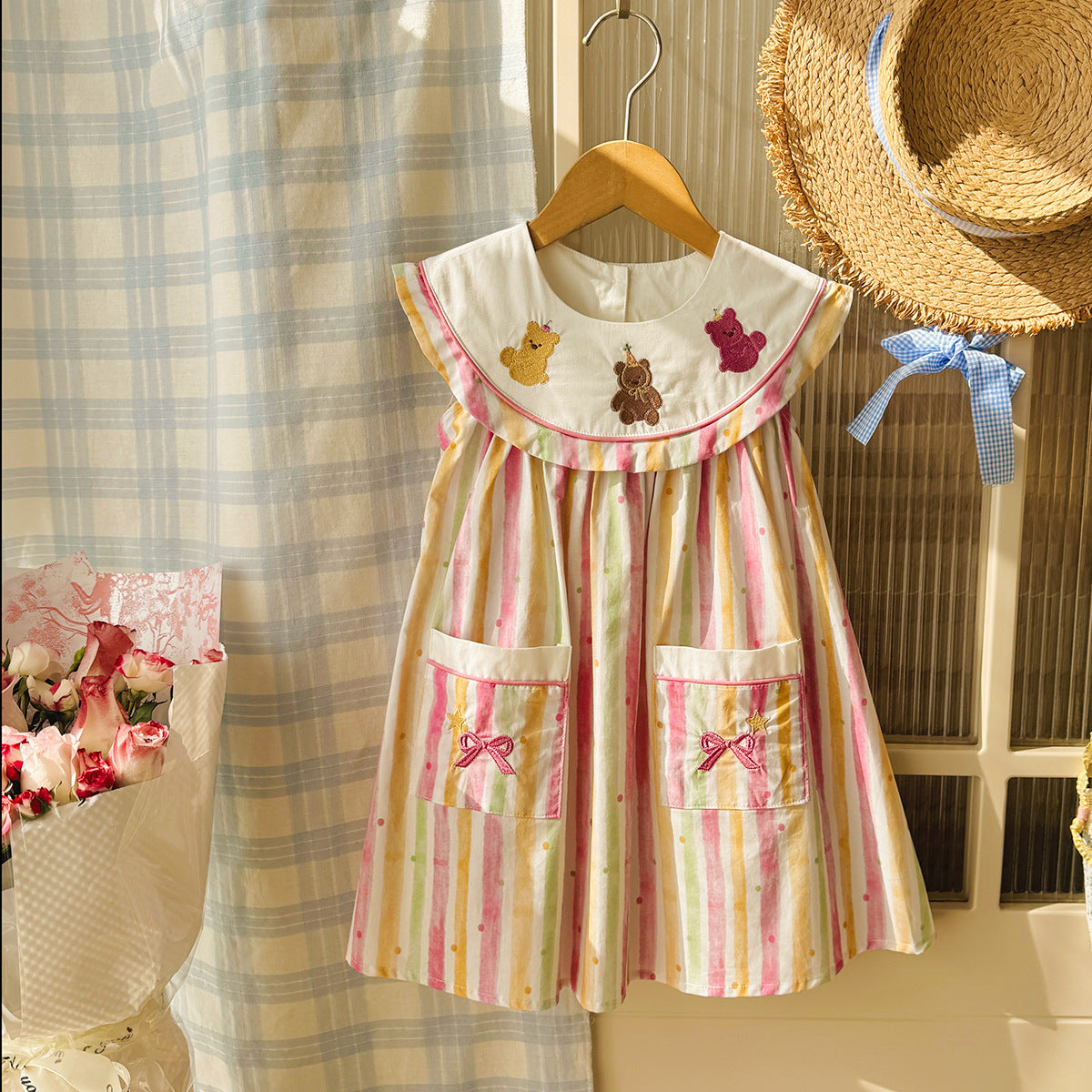 Embroidered Bear Stripe Dress ストライプ ノースリーブワンピース【mh0013652】