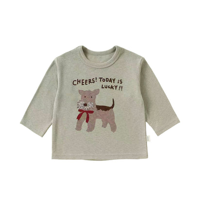 ライトグレーのベビー用長袖Tシャツ、犬のプリント（CHEERS！）