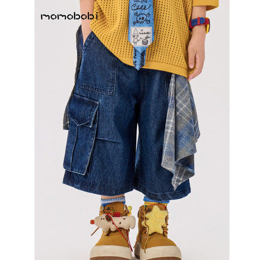 Check Layered Denim Shorts チェック レイヤード デニムハーフパンツ【mh0013002】