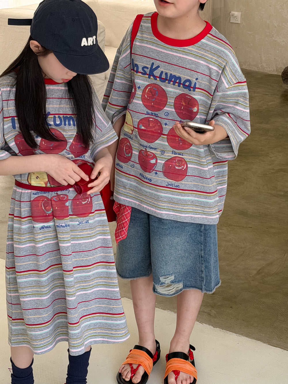 Apple Print Short Sleeve T-Shirt Dress リンゴプリント 半袖Tシャツ 半袖ワンピース【mh0013529】