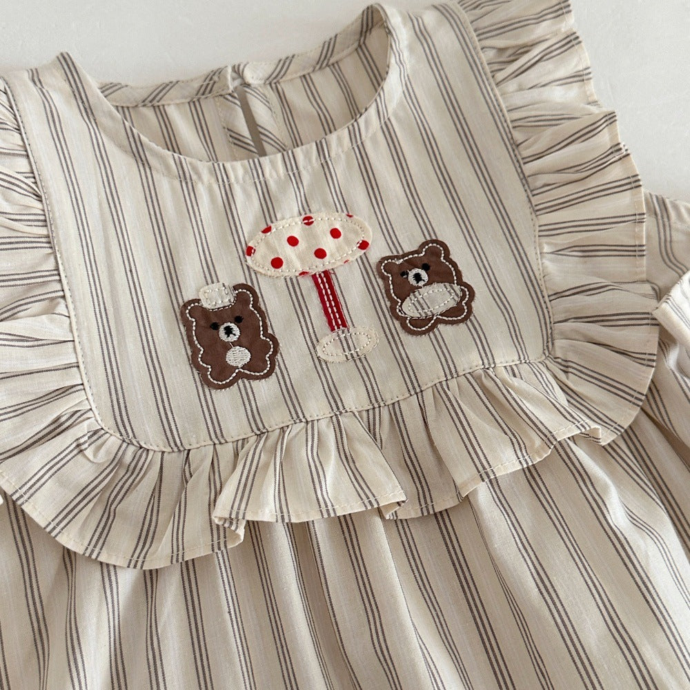 ストライプ ベア 刺繍 リボン フリル ノースリーブワンピース【mh0013797】